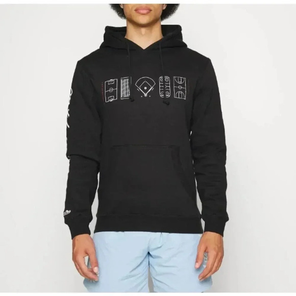 NEW Mitchell & Ness Essentials Sports Print Hoodie Swetashirt Pullover Black M - Picture 2 of 8